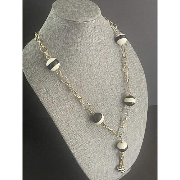 MCM VINTAGE ART DECO BLACK WHITE STRIPED BEAD RETRO TASSEL NECKLACE 36” - Picture 6 of 9